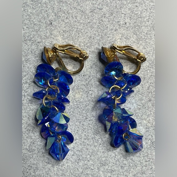 Blue Rivoli Cut Rhinestones Above Blue Dangling AB Discs Clip On Earrings 1968 - Picture 3 of 6